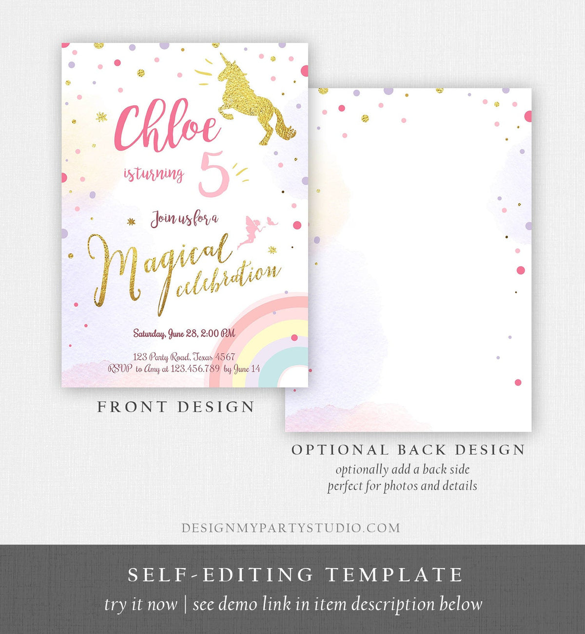 Editable Rainbow Unicorn Birthday Invitation Unicorn Magical Birthday Girl Gold Pink Instant Download Printable Template Digital Corjl 0041