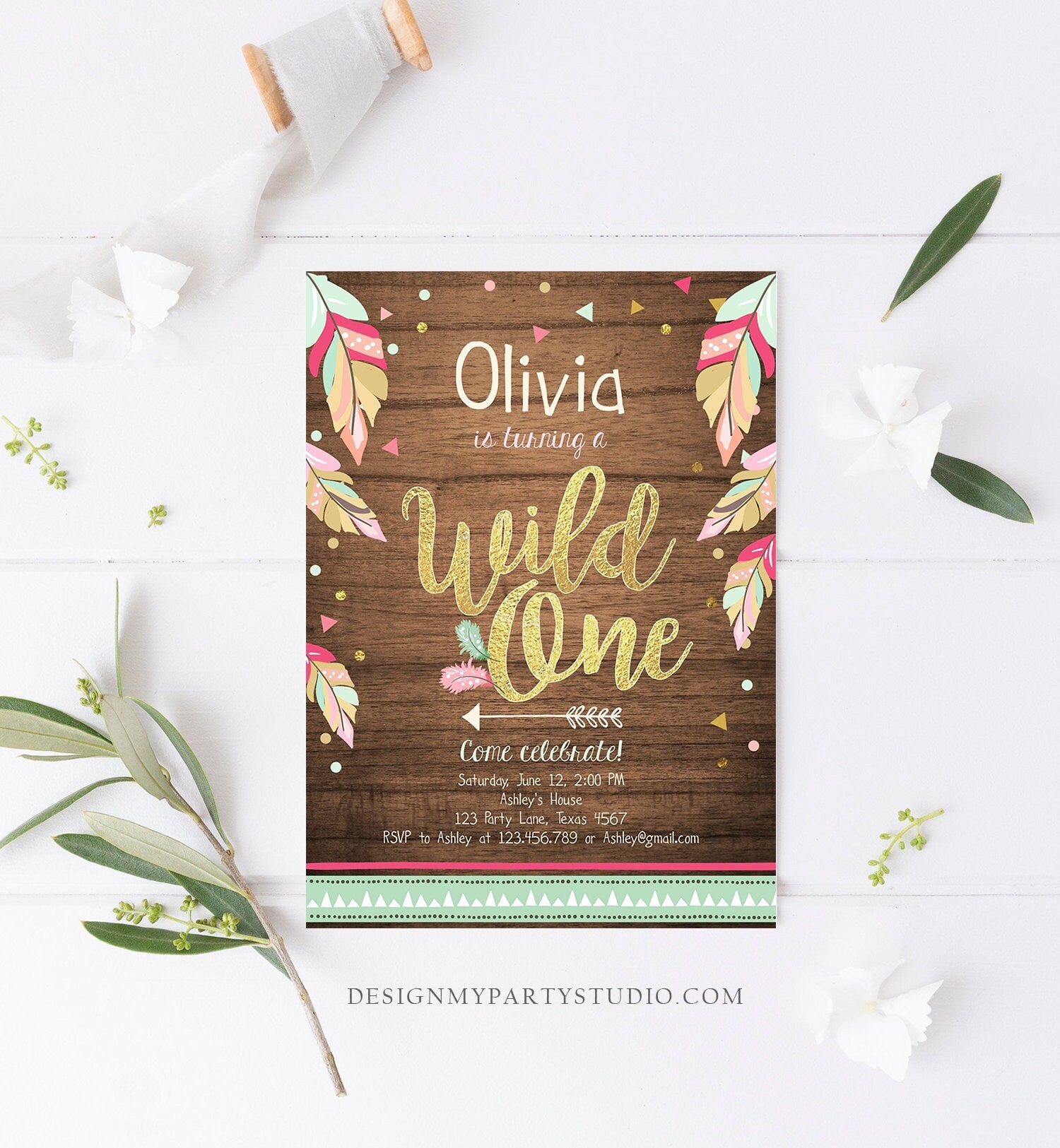 Editable Wild One Invitation Tribal Feathers Girl Pink Teal Wood Mint Gold First Birthday 1st Boho Download Corjl Template Printable 0038