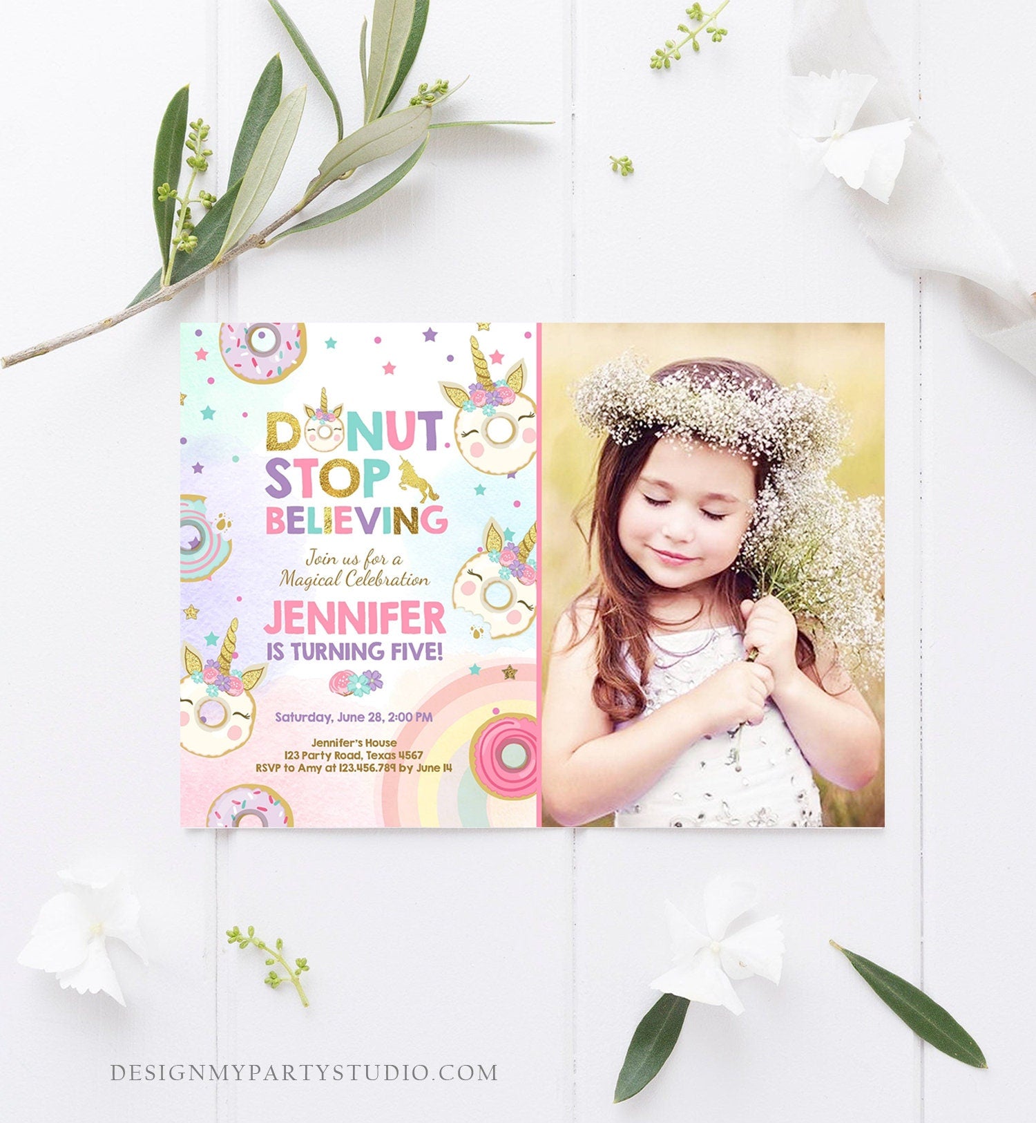 Editable Unicorn Donut Birthday Invitation Donut Stop Believing Magical Rainbow Girl Pink Purple Gold Glitter Printable Corjl Template 0041