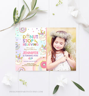 Editable Unicorn Donut Birthday Invitation Donut Stop Believing Magical Rainbow Girl Pink Purple Gold Glitter Printable Corjl Template 0041