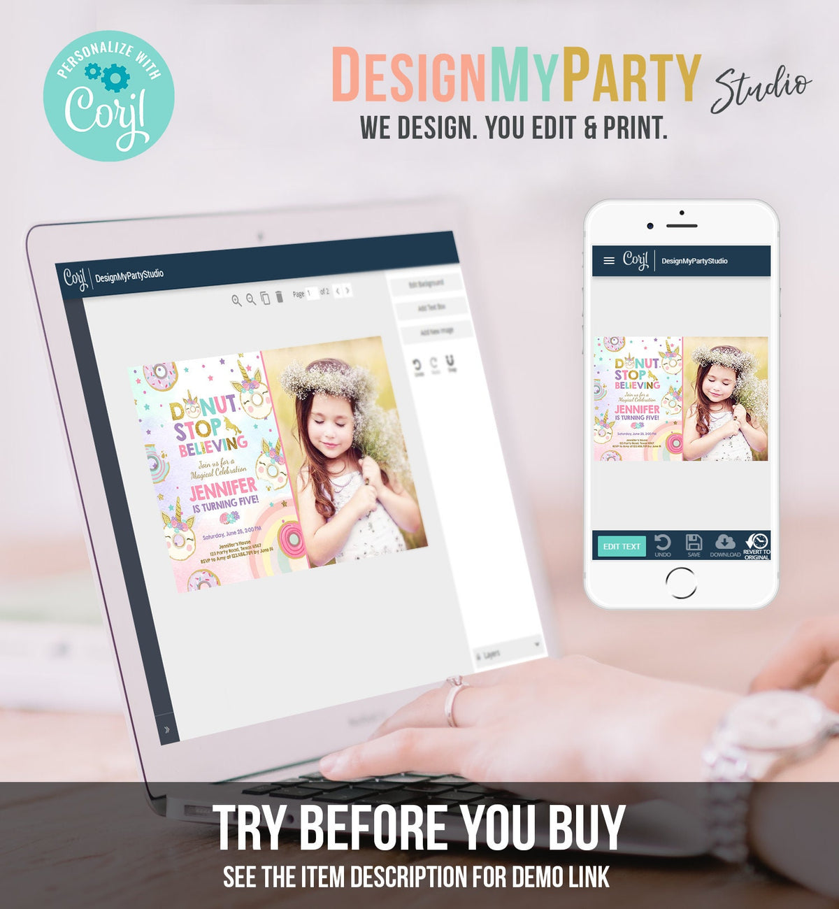 Editable Unicorn Donut Birthday Invitation Donut Stop Believing Magical Rainbow Girl Pink Purple Gold Glitter Printable Corjl Template 0041