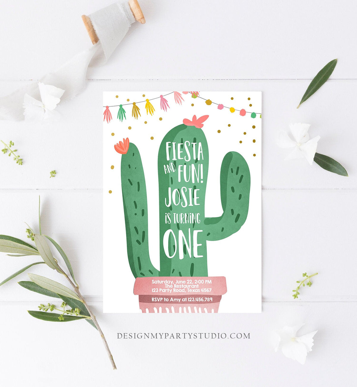 Editable Cactus Fiesta Birthday Invitation Girl Pink First Birthday Succulent 1st Mexican Fiesta and Fun Corjl Template Printable 0255