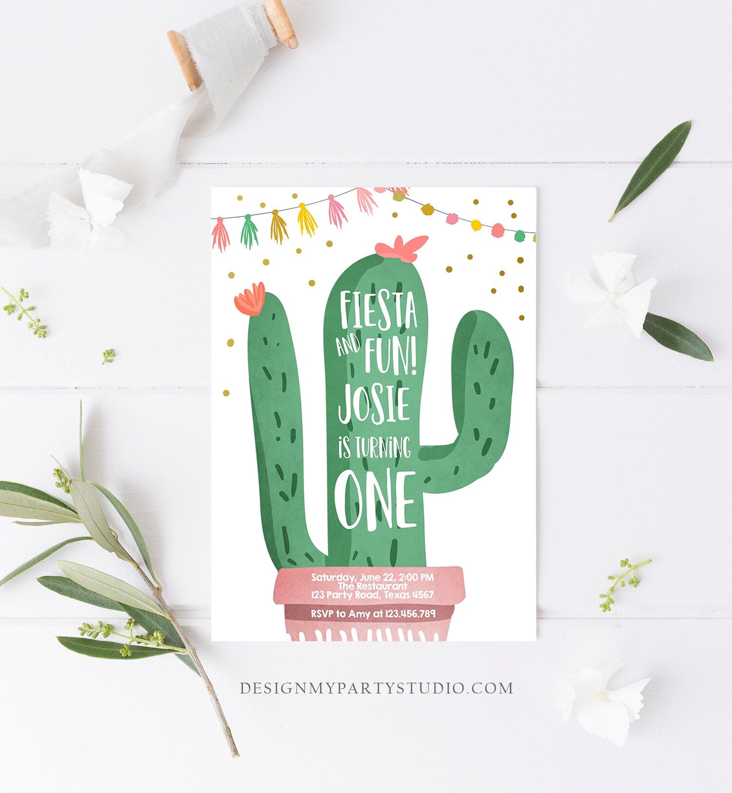 Editable Cactus Fiesta Birthday Invitation Girl Pink First Birthday Succulent 1st Mexican Fiesta and Fun Corjl Template Printable 0255