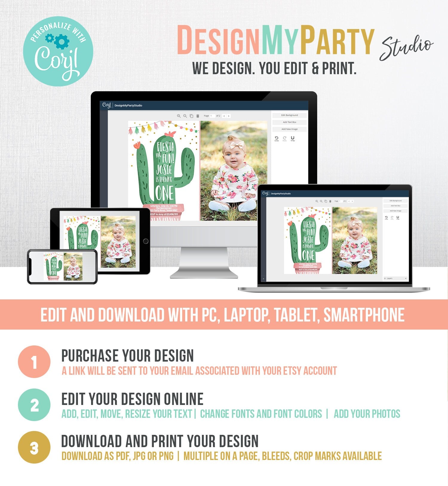 Editable Cactus Fiesta Birthday Invitation Girl Pink First Birthday Succulent 1st Mexican Fiesta and Fun Corjl Photo Template Printable 0255