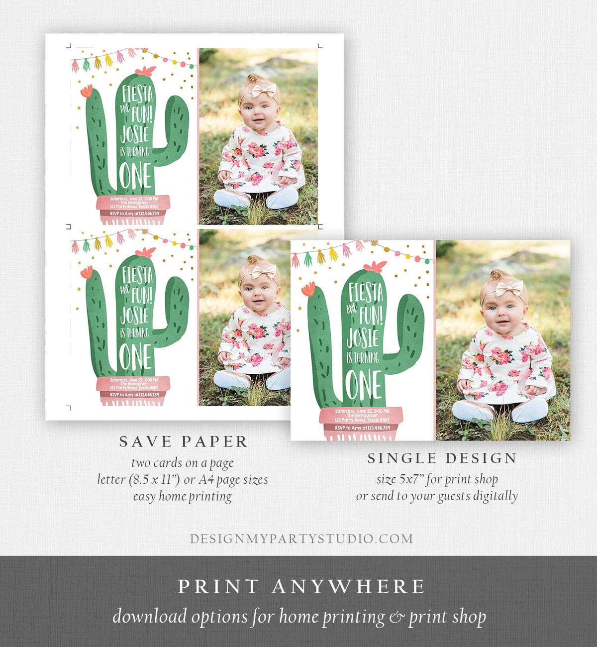 Editable Cactus Fiesta Birthday Invitation Girl Pink First Birthday Succulent 1st Mexican Fiesta and Fun Corjl Photo Template Printable 0255