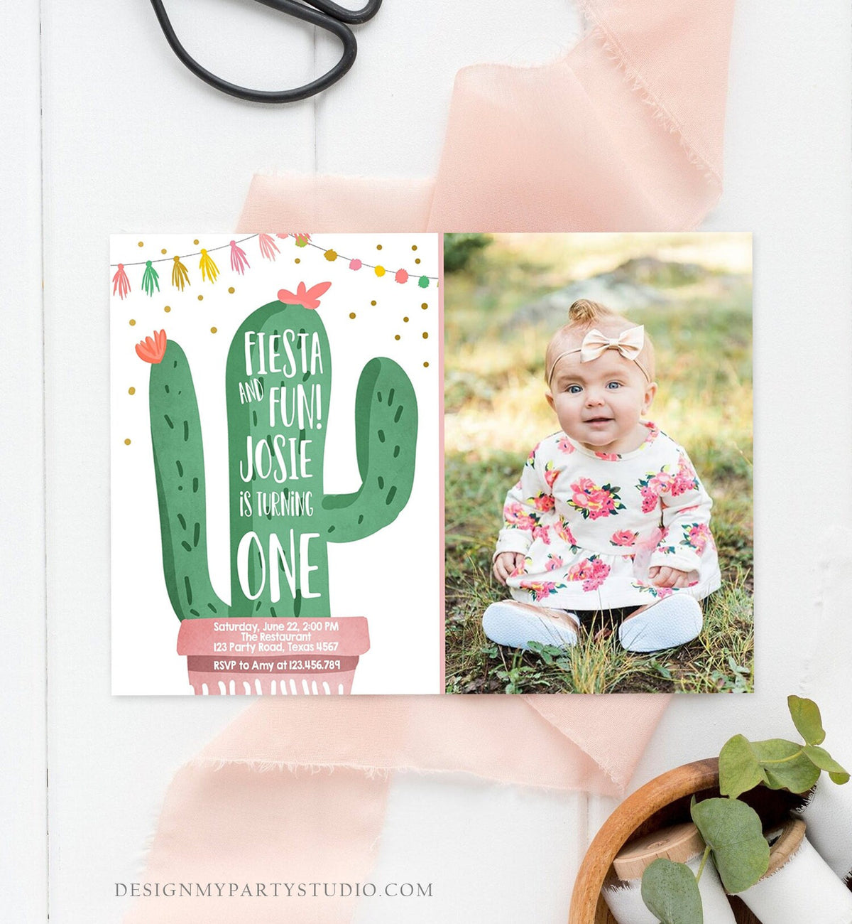 Editable Cactus Fiesta Birthday Invitation Girl Pink First Birthday Succulent 1st Mexican Fiesta and Fun Corjl Photo Template Printable 0255