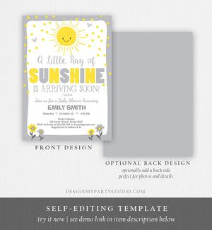 Editable Baby Shower Invitation A Ray of Sunshine Little Sunshine Neutral Grey Yellow Summer Baby Template Download Digital Corjl 0070