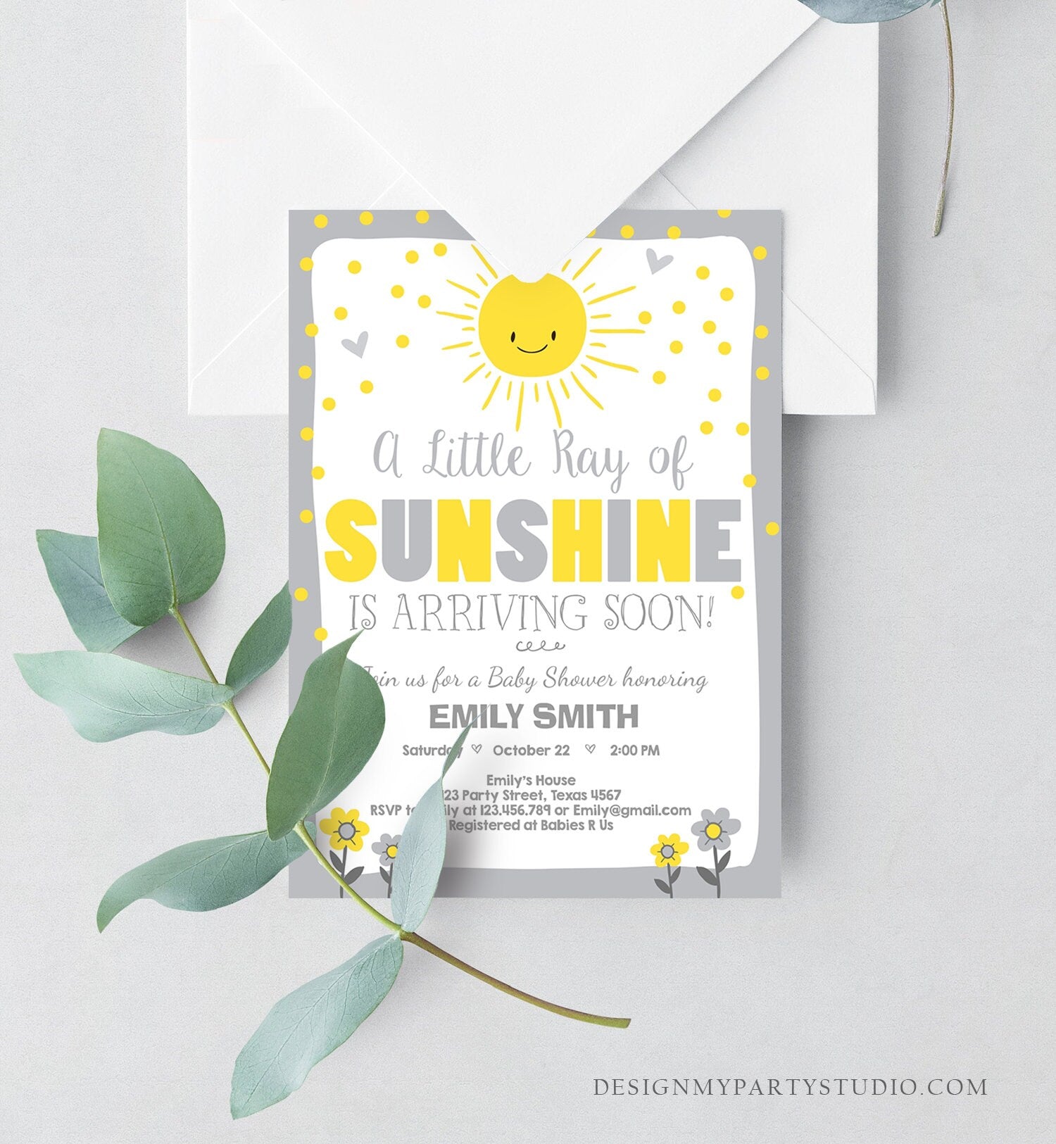 Editable Baby Shower Invitation A Ray of Sunshine Little Sunshine Neutral Grey Yellow Summer Baby Template Download Digital Corjl 0070