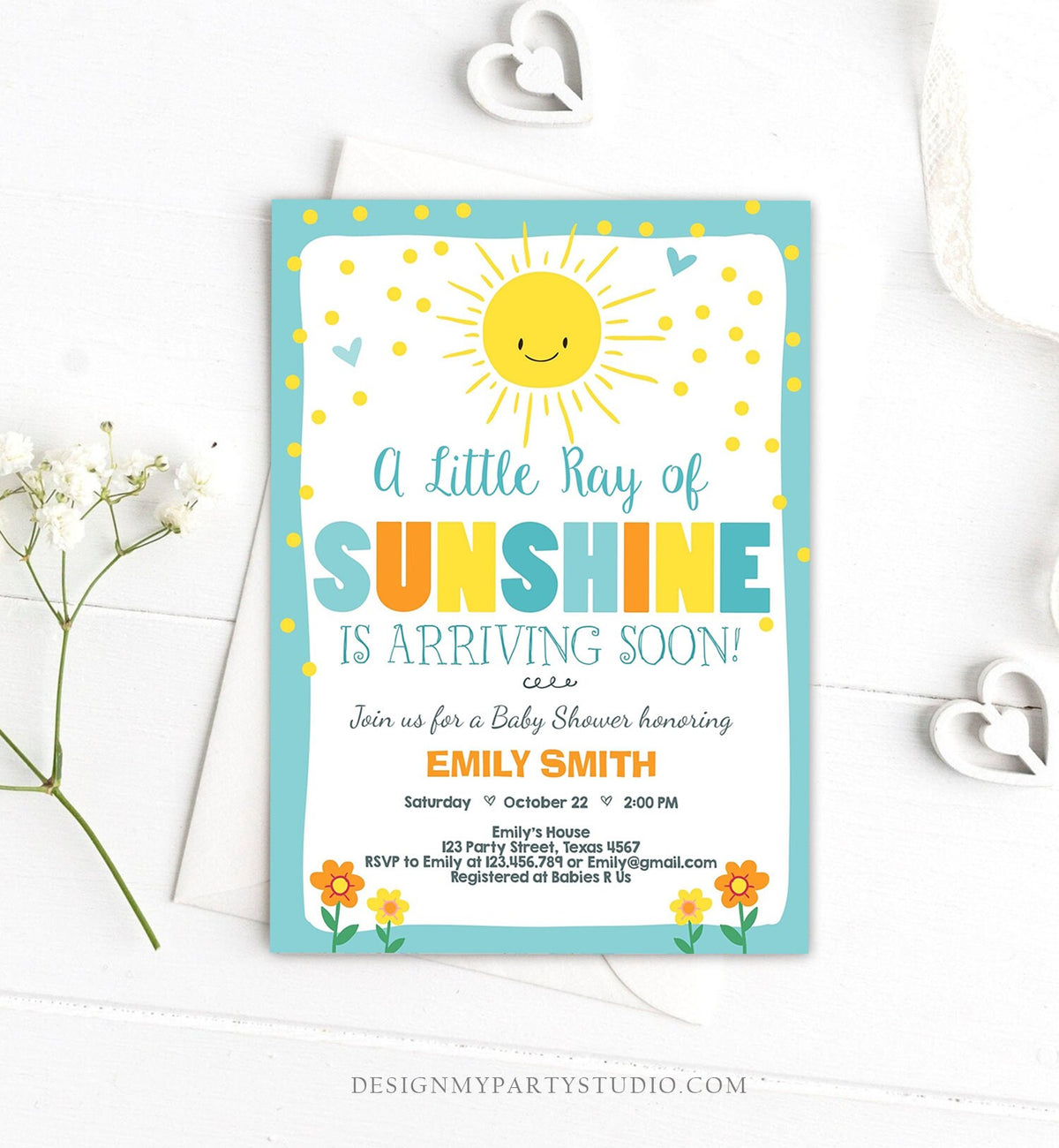 Editable Baby Shower Invitation A Ray of Sunshine Little Sunshine Blue Yellow Boy Invite Template Instant Download Digital Corjl 0070