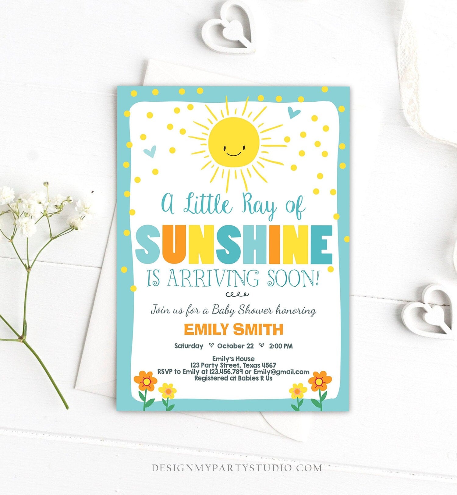 Editable Baby Shower Invitation A Ray of Sunshine Little Sunshine Blue Yellow Boy Invite Template Instant Download Digital Corjl 0070