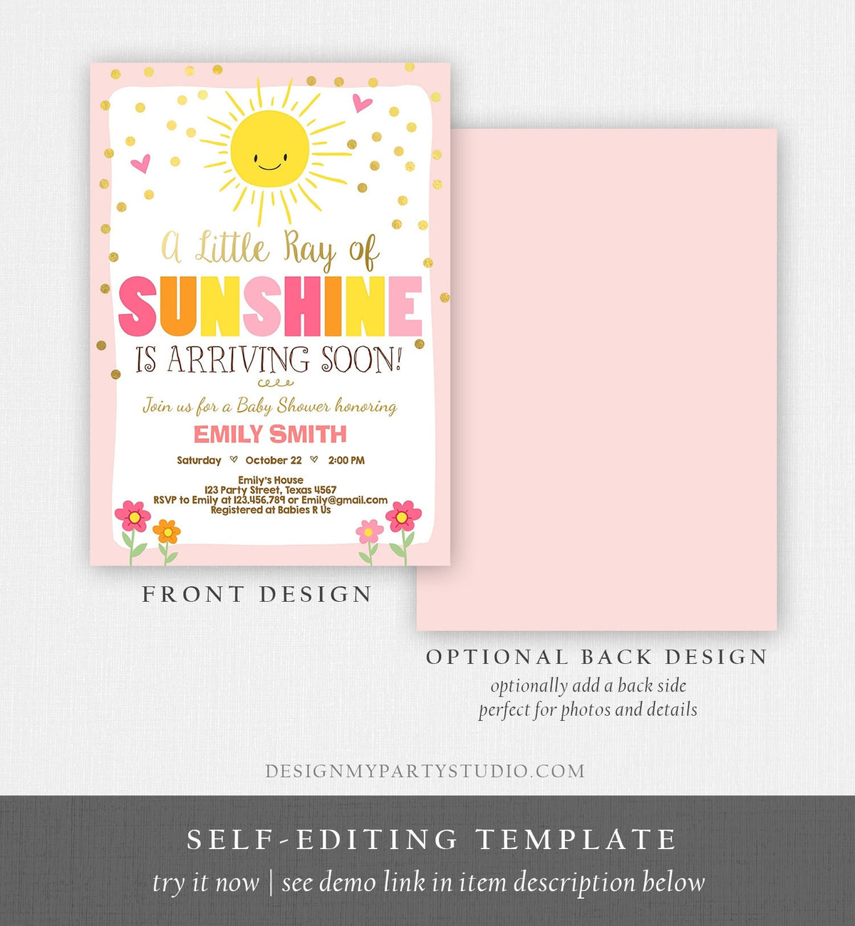Editable Baby Shower Invitation A Ray of Sunshine Little Sunshine Pink Gold Girl Shower Invite Template Instant Download Digital Corjl 0070