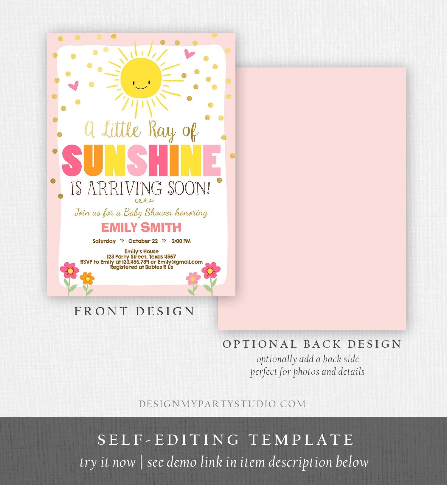 Editable Baby Shower Invitation A Ray of Sunshine Little Sunshine Pink Gold Girl Shower Invite Template Instant Download Digital Corjl 0070