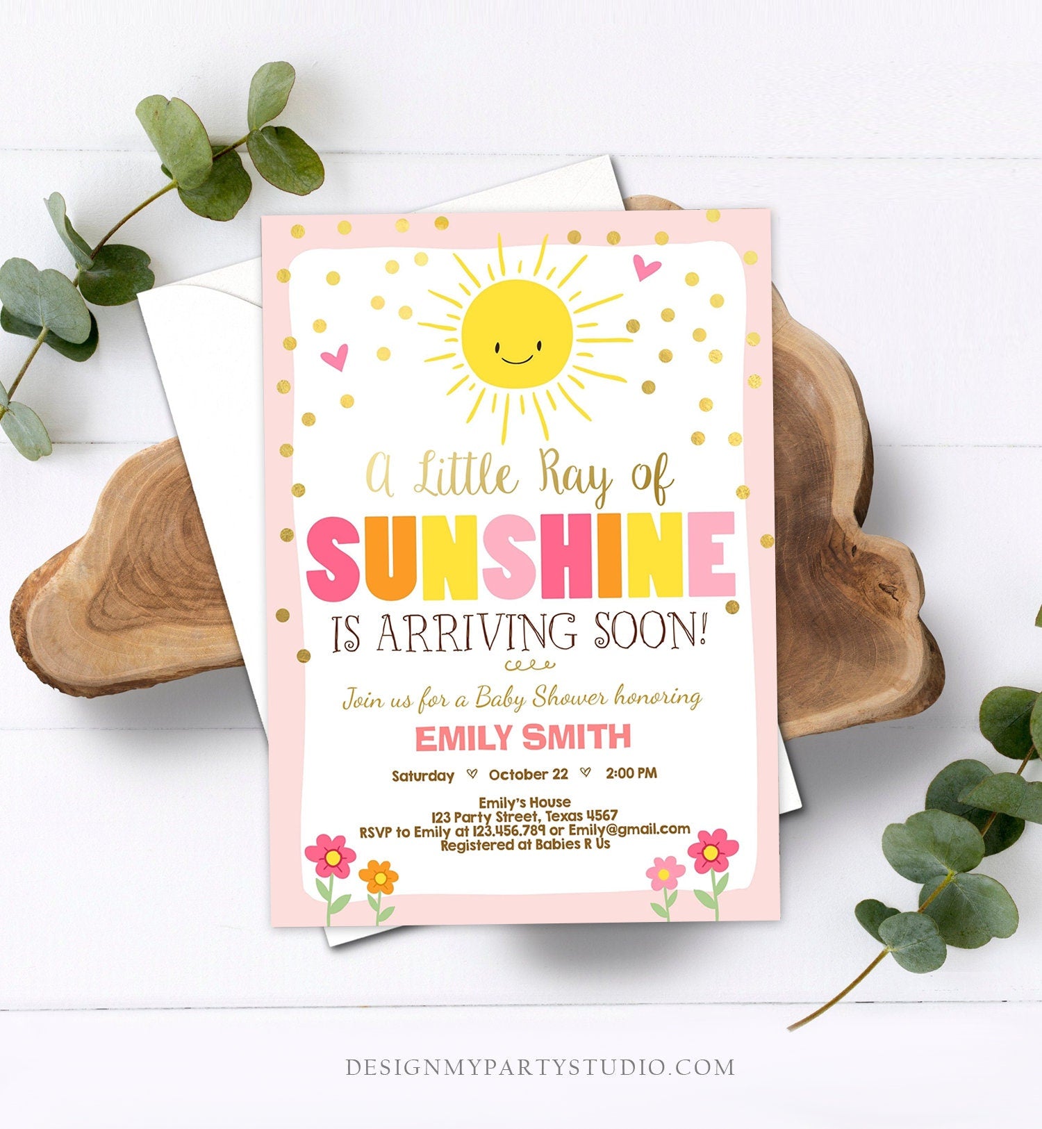 Editable Baby Shower Invitation A Ray of Sunshine Little Sunshine Pink Gold Girl Shower Invite Template Instant Download Digital Corjl 0070