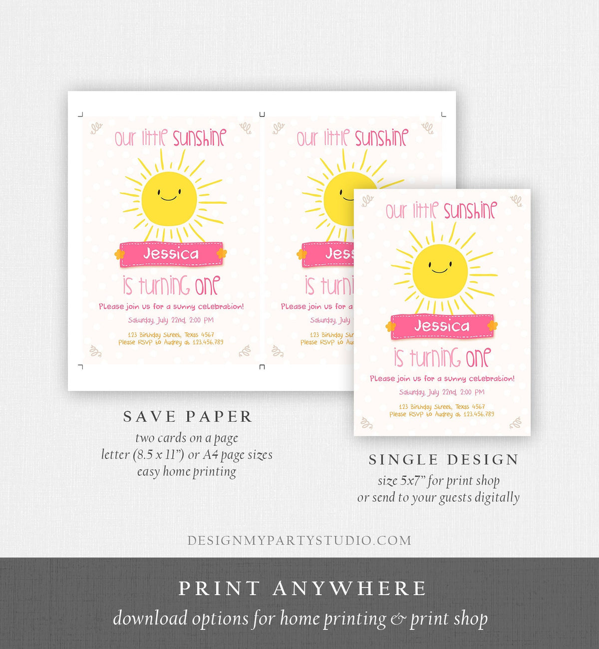 Editable Our Little Sunshine Birthday Invitation You Are My Sunshine First Birthday 1st Yellow Pink Girl Download Corjl Template 0212