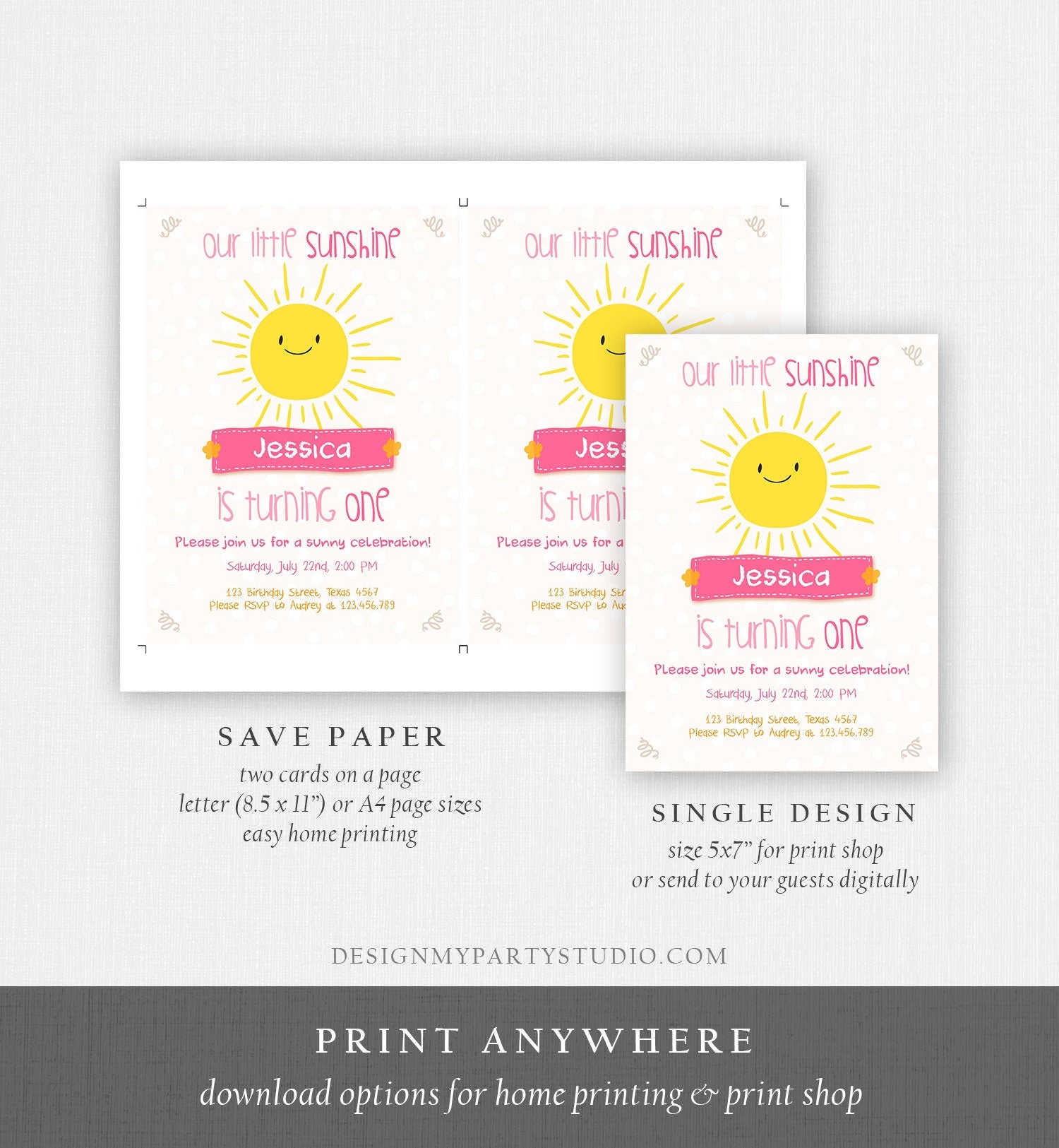 Editable Our Little Sunshine Birthday Invitation You Are My Sunshine First Birthday 1st Yellow Pink Girl Download Corjl Template 0212