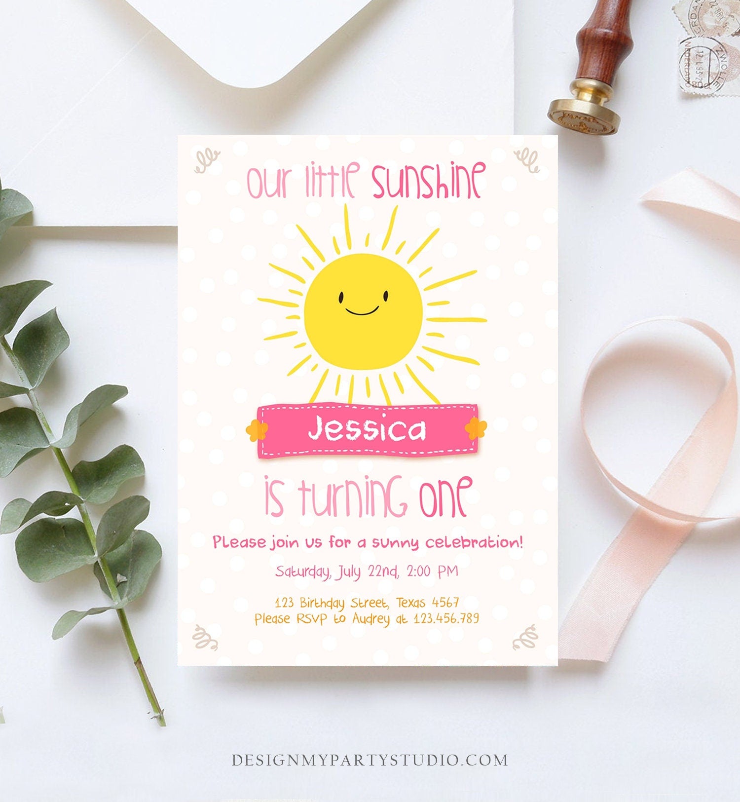 Editable Our Little Sunshine Birthday Invitation You Are My Sunshine First Birthday 1st Yellow Pink Girl Download Corjl Template 0212