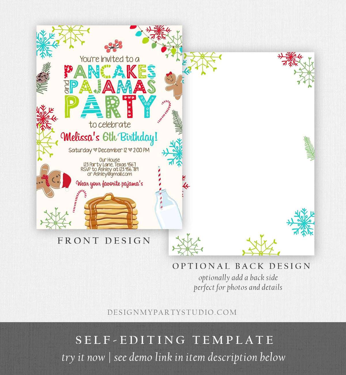 Editable Christmas Pancakes and Pajamas Birthday Invitation Pancake Gingerbread Milk Party Download Printable Corjl Template Digital 0271