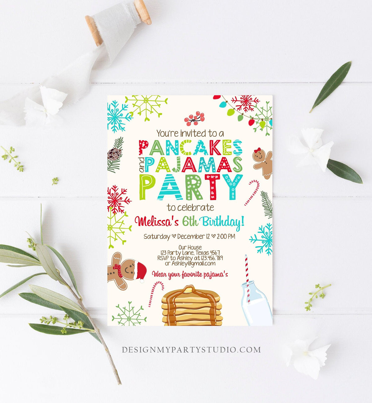 Editable Christmas Pancakes and Pajamas Birthday Invitation Pancake Gingerbread Milk Party Download Printable Corjl Template Digital 0271