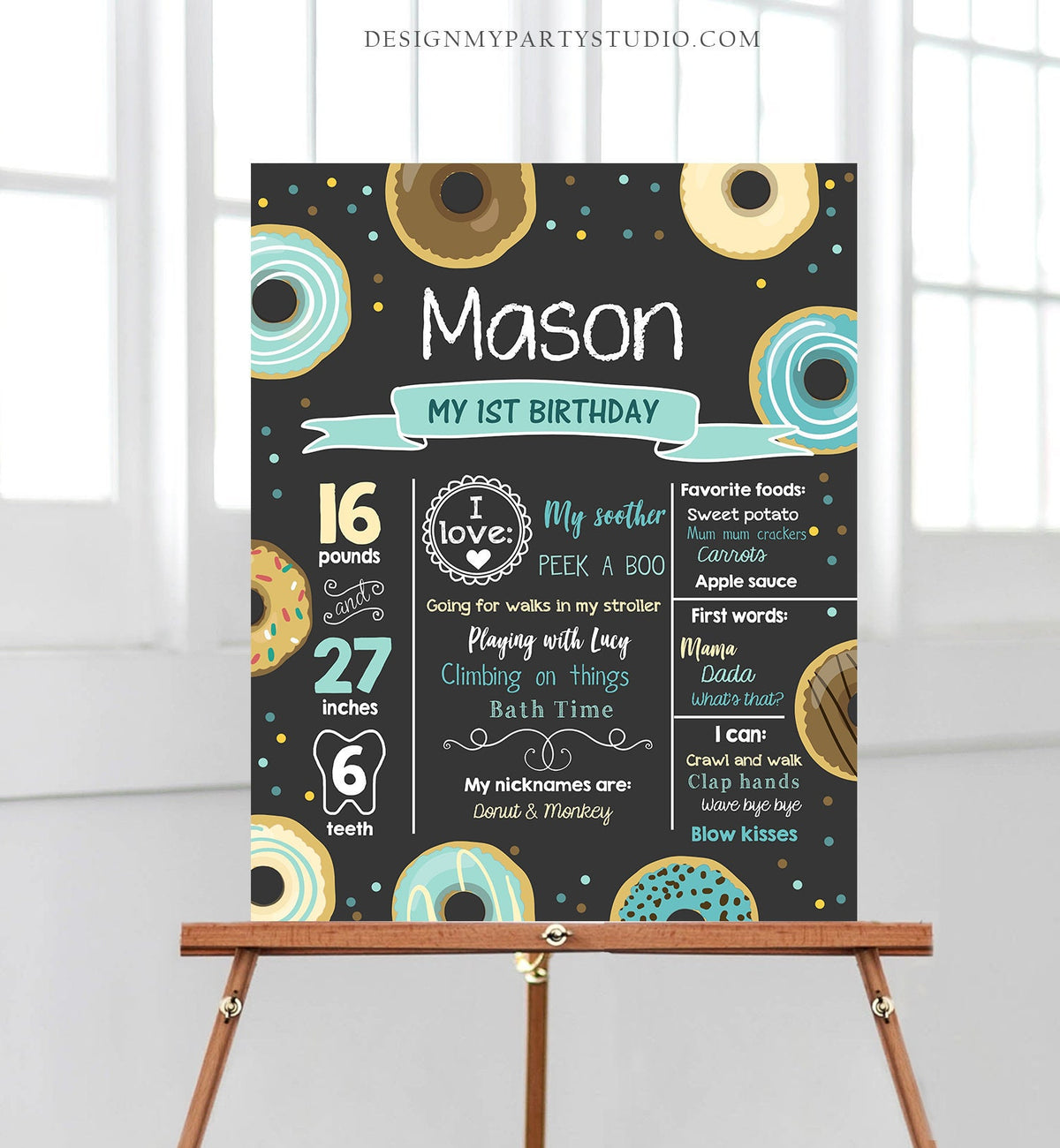 Editable Donut Birthday Milestones Sign Donut Birthday First Birthday 1st Birthday Boy Blue Instant Download Template Printable Corjl 0050