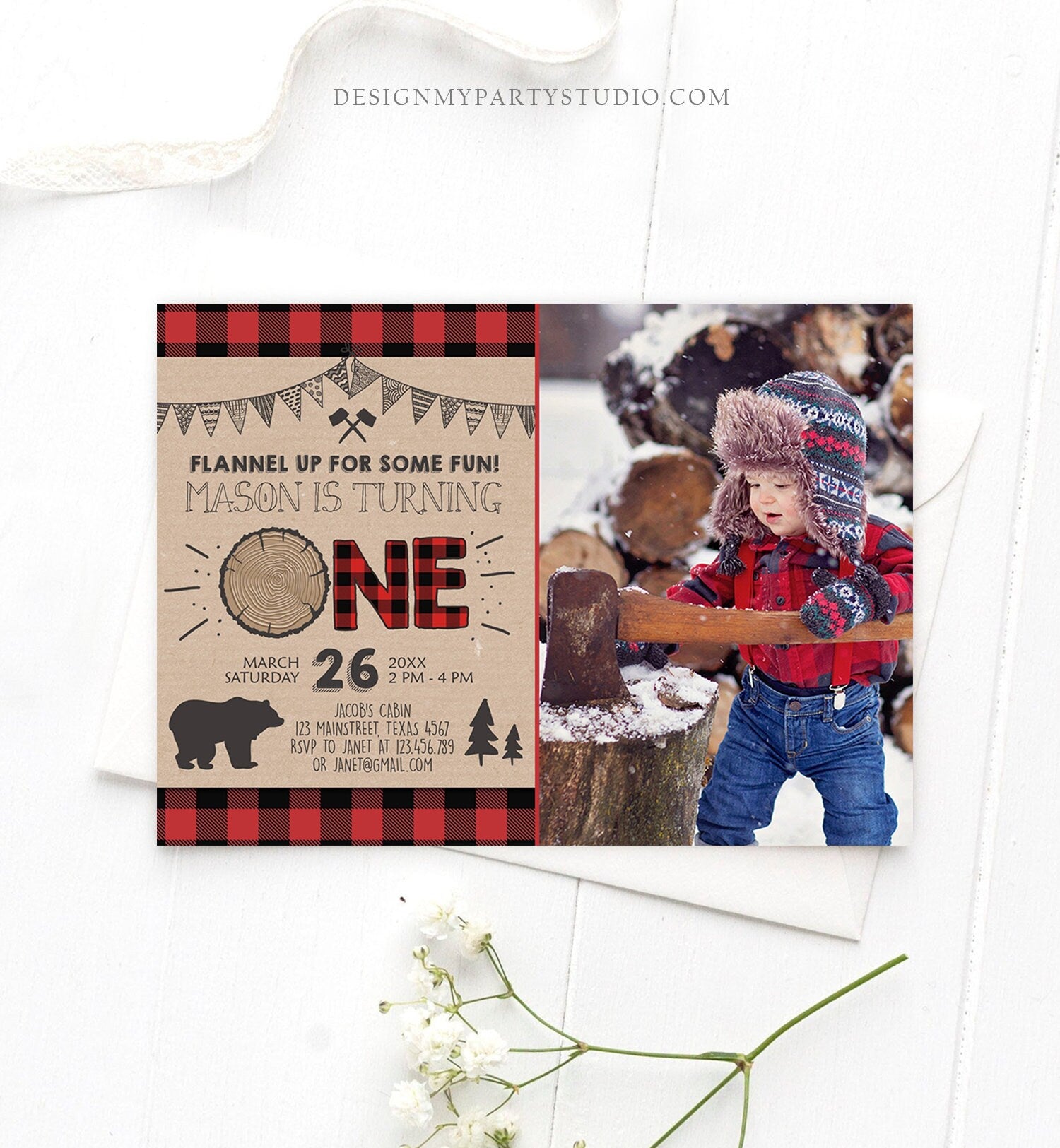 Editable Lumberjack Birthday Invitation Rustic Woodland Birthday Bear Forest Red Plaid Instant Download Printable Template Corjl 0026