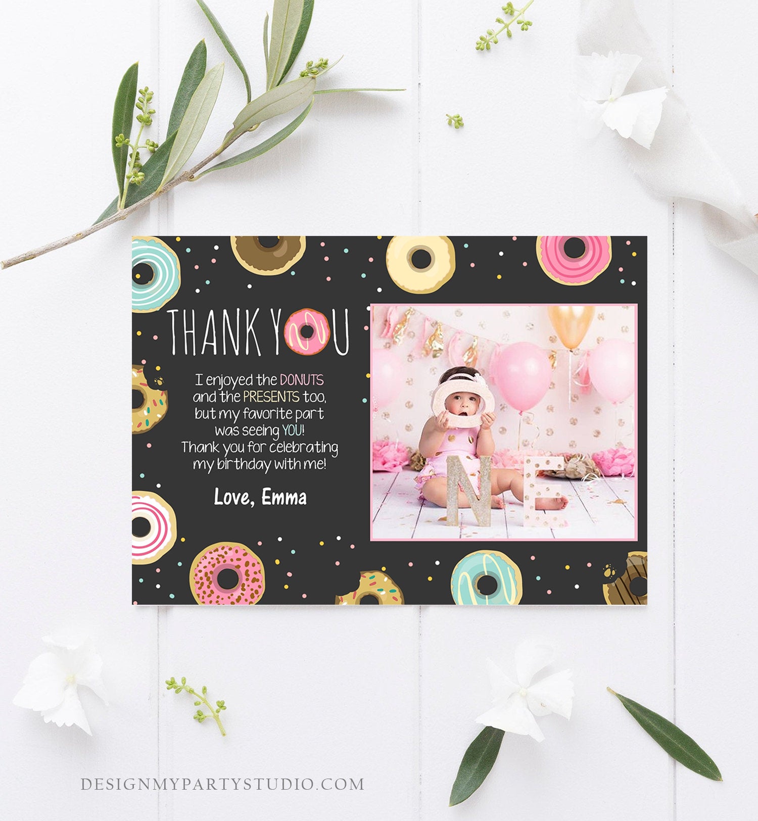 Editable Donut Thank You Card Note Pink Girl Birthday Party Doughnut Thank You Photo Sweet First Birthday 1st Corjl Template Printable 0050
