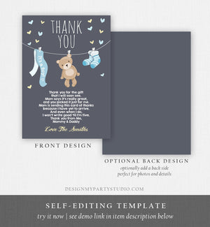 Editable Baby Shower Thank You Card Teddy Bear Thank You Note Shower Boy Blue Woodland Animals Template Instant Download Digital Corjl 0025