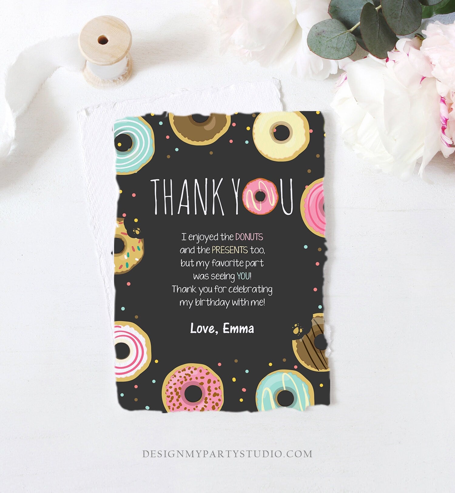 Editable Donut Thank You Card Note Pink Girl Birthday Party Doughnut Thank You Photo Sweet First Birthday 1st Corjl Template Printable 0050