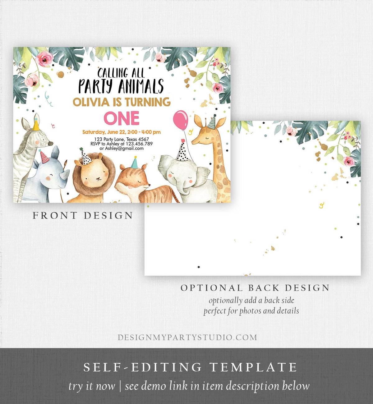 Editable Party Animals Birthday Invitation Wild One Animals Invitation Zoo Safari Animals Girl Pink Download Printable Invite Template 0163