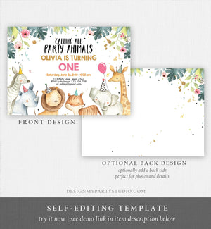 Editable Party Animals Birthday Invitation Wild One Animals Invitation Zoo Safari Animals Girl Pink Download Printable Invite Template 0163