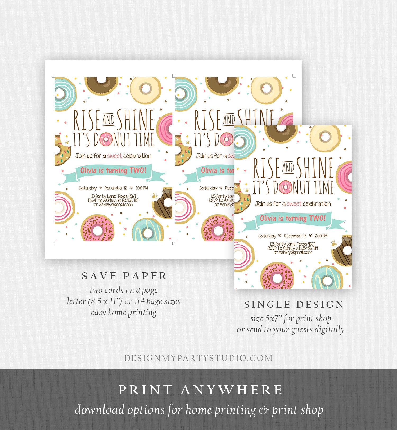 Editable Rise and Shine Donut Time Birthday Invitation ANY AGE Sweet Girl Birthday Party Pink Doughnut Digital Corjl Template Printable 0050