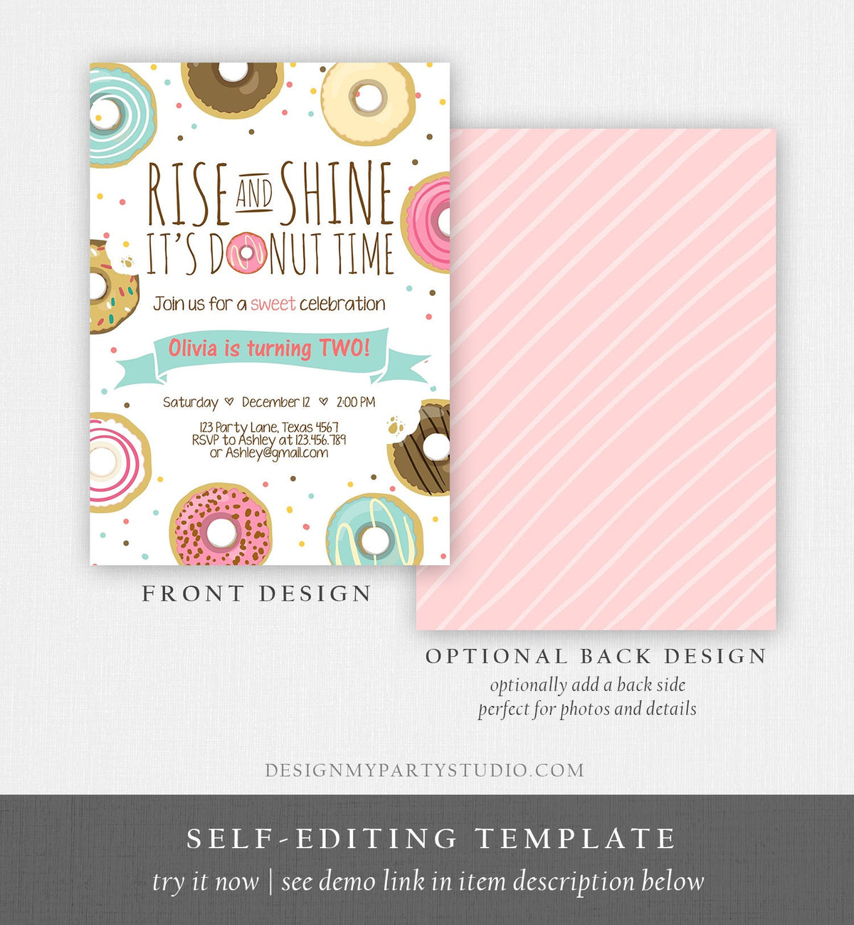 Editable Rise and Shine Donut Time Birthday Invitation ANY AGE Sweet Girl Birthday Party Pink Doughnut Digital Corjl Template Printable 0050