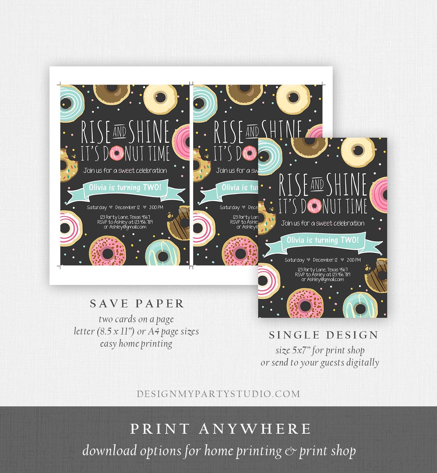 Editable Rise and Shine Donut Time Birthday Invitation ANY AGE Sweet Girl Birthday Party Pink Doughnut Digital Corjl Template Printable 0050