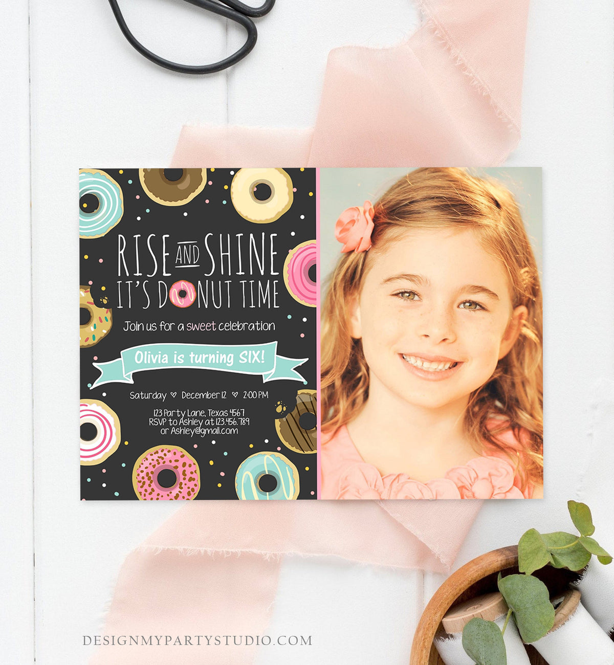 Editable Rise and Shine Donut Time Birthday Invitation ANY AGE Sweet Girl Birthday Party Pink Doughnut Digital Corjl Template Printable 0050