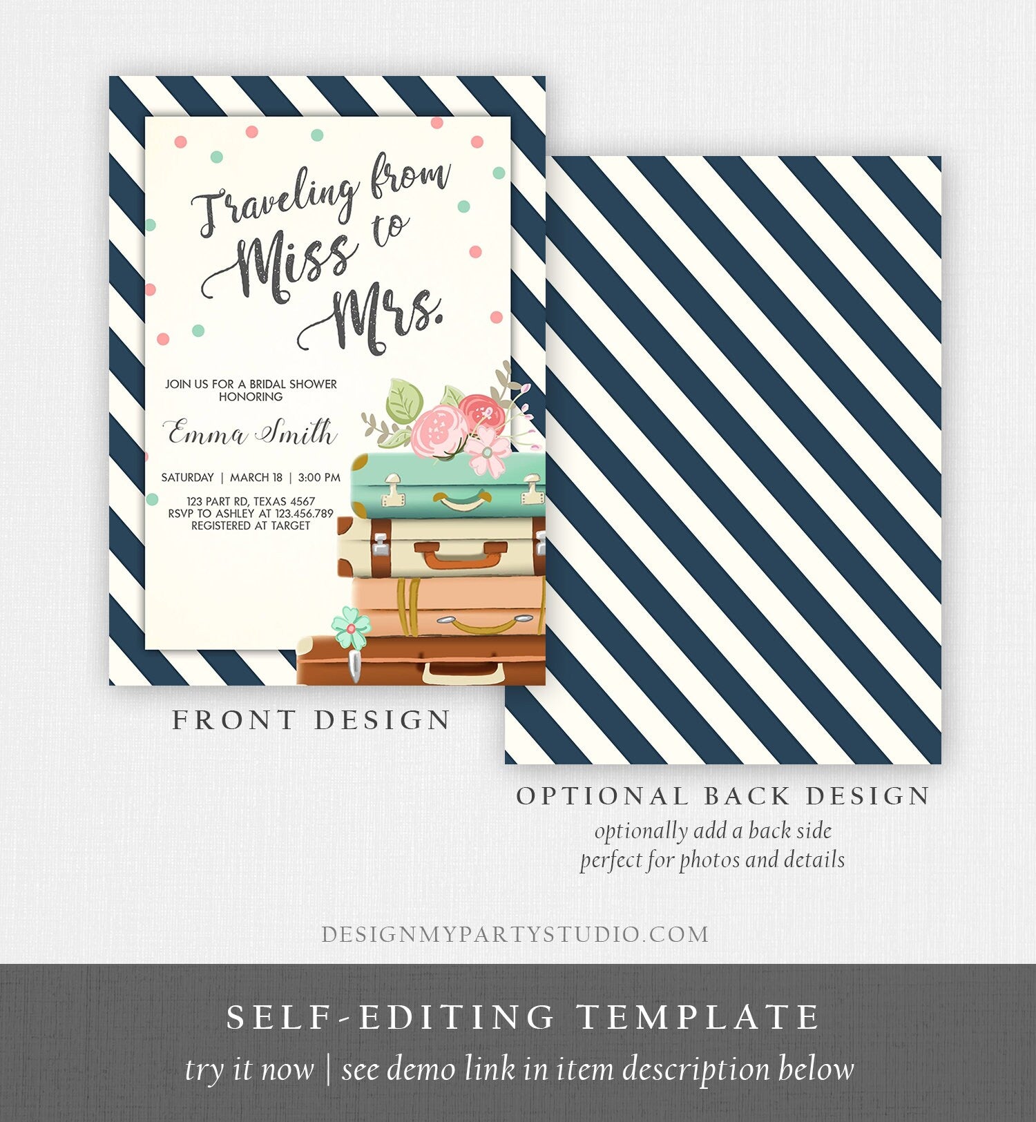 Editable Bridal Shower Invitation Miss to Mrs Travel World Map Suitcase Vintage Adventure Download Printable Template Corjl Digital 0044