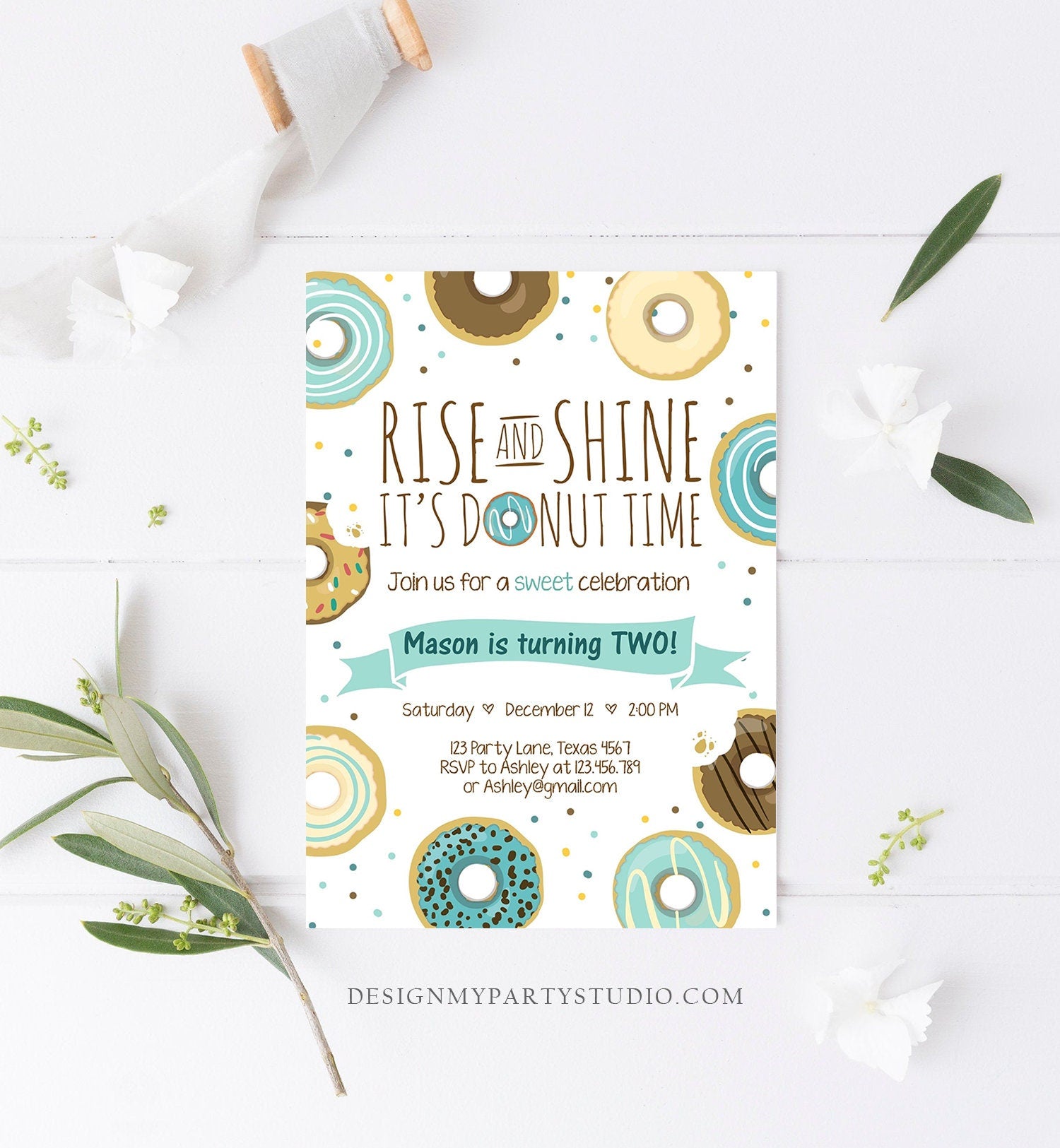 Editable Rise and Shine Donut Time Birthday Invitation ANY AGE Sweet Boy Birthday Party Blue Doughnut Digital Corjl Template Printable 0050
