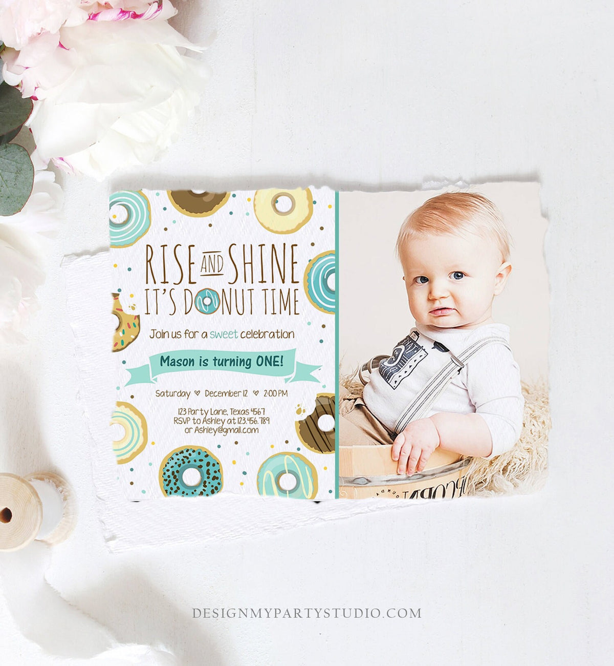 Editable Rise and Shine Donut Time Birthday Invitation ANY AGE Sweet Boy Birthday Party Blue Doughnut Digital Corjl Template Printable 0050