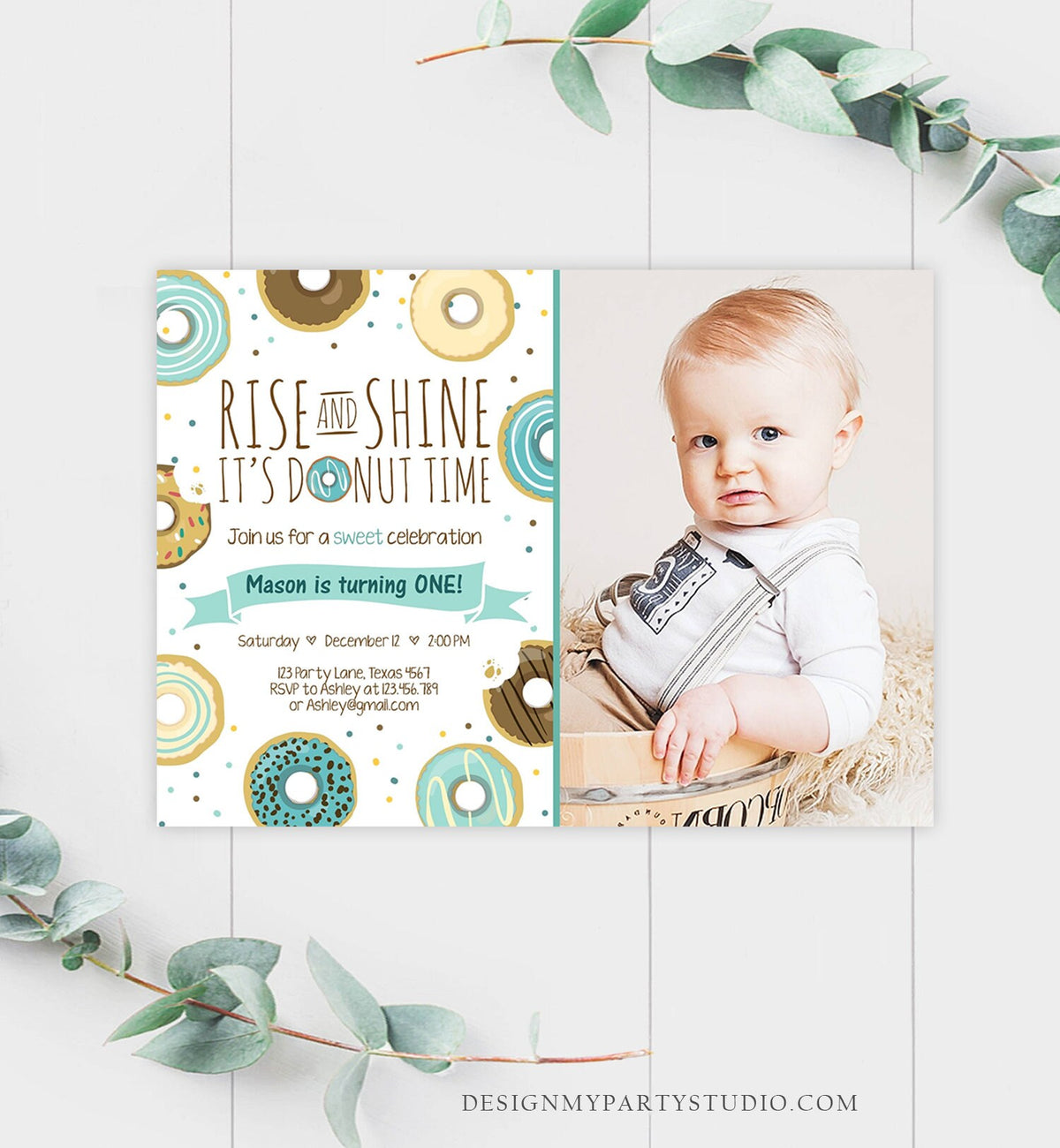 Editable Rise and Shine Donut Time Birthday Invitation ANY AGE Sweet Boy Birthday Party Blue Doughnut Digital Corjl Template Printable 0050