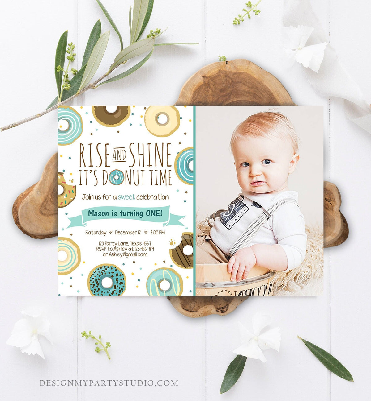 Editable Rise and Shine Donut Time Birthday Invitation ANY AGE Sweet Boy Birthday Party Blue Doughnut Digital Corjl Template Printable 0050