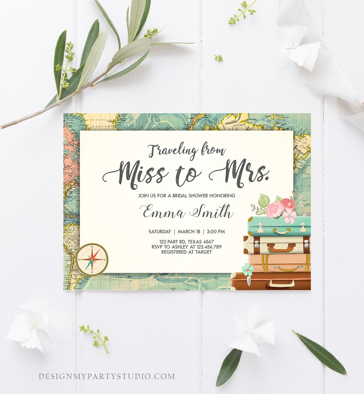Editable Bridal Shower Invitation Traveling from Miss to Mrs Travel World Map Suitcase Vintage Floral Download Printable Template Corjl 0044