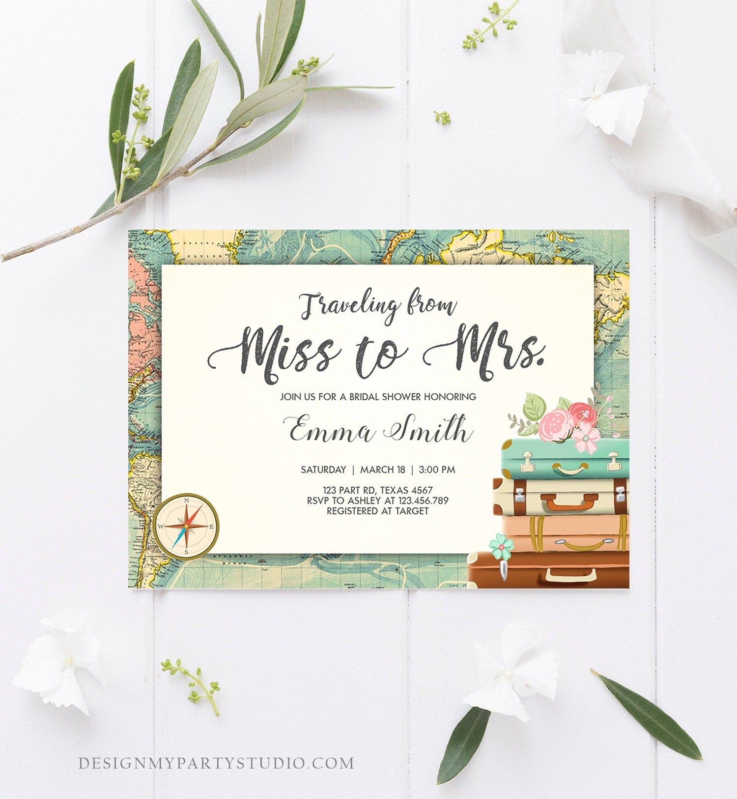 Editable Bridal Shower Invitation Traveling from Miss to Mrs Travel World Map Suitcase Vintage Floral Download Printable Template Corjl 0044