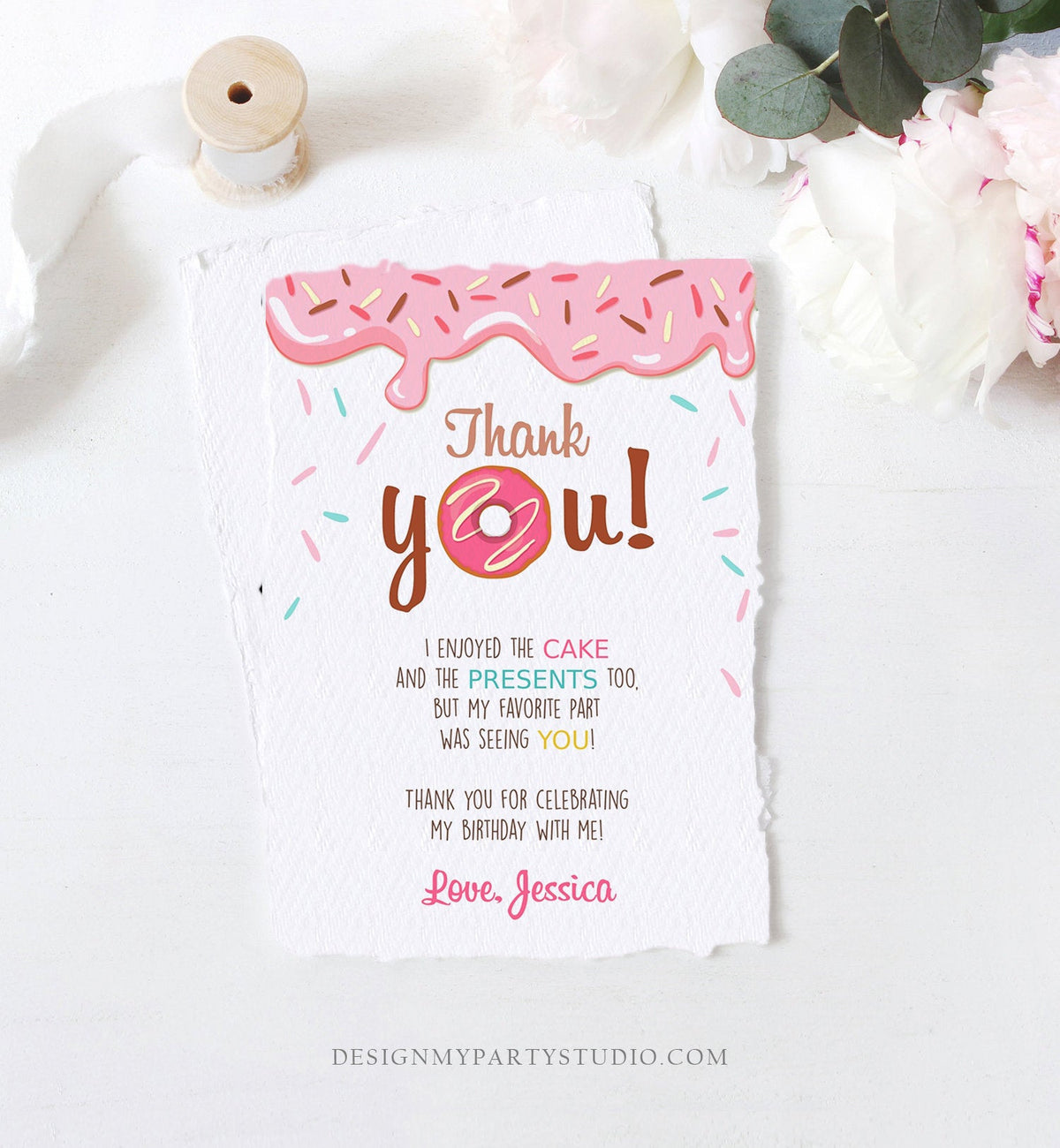 Editable Donut Thank You Card Note Pink Girl Birthday Party Doughnut Thank You Photo Sweet First Birthday 1st Corjl Template Printable 0050