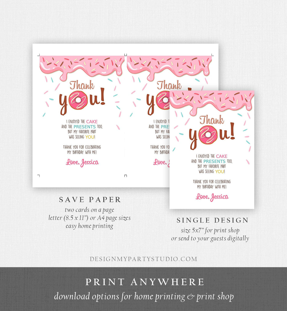 Editable Donut Thank You Card Note Pink Girl Birthday Party Doughnut Thank You Photo Sweet First Birthday 1st Corjl Template Printable 0050