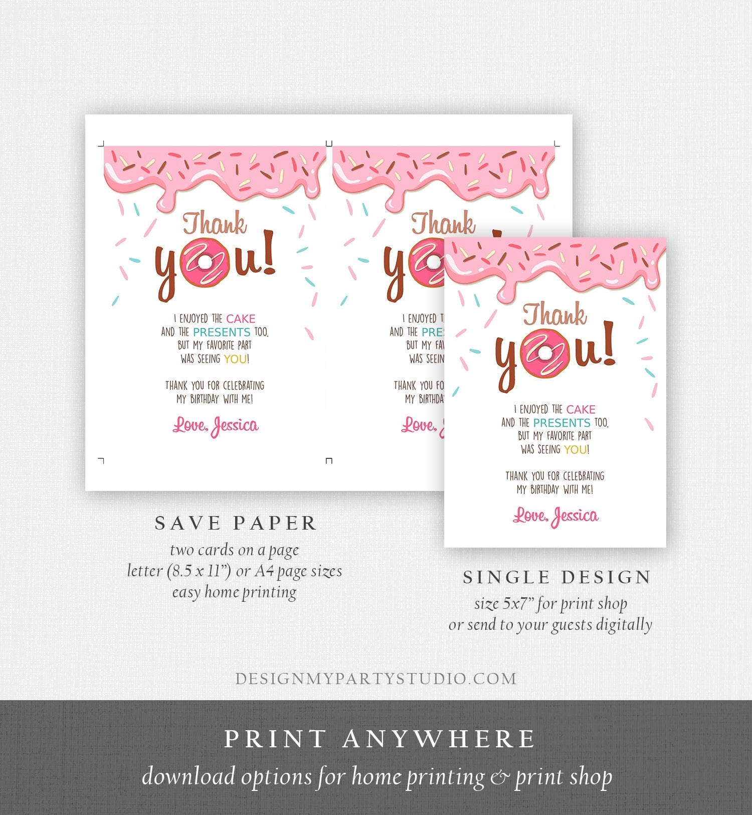 Editable Donut Thank You Card Note Pink Girl Birthday Party Doughnut Thank You Photo Sweet First Birthday 1st Corjl Template Printable 0050