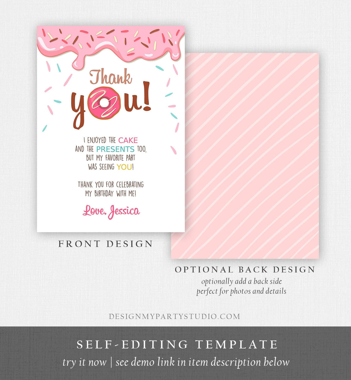 Editable Donut Thank You Card Note Pink Girl Birthday Party Doughnut Thank You Photo Sweet First Birthday 1st Corjl Template Printable 0050