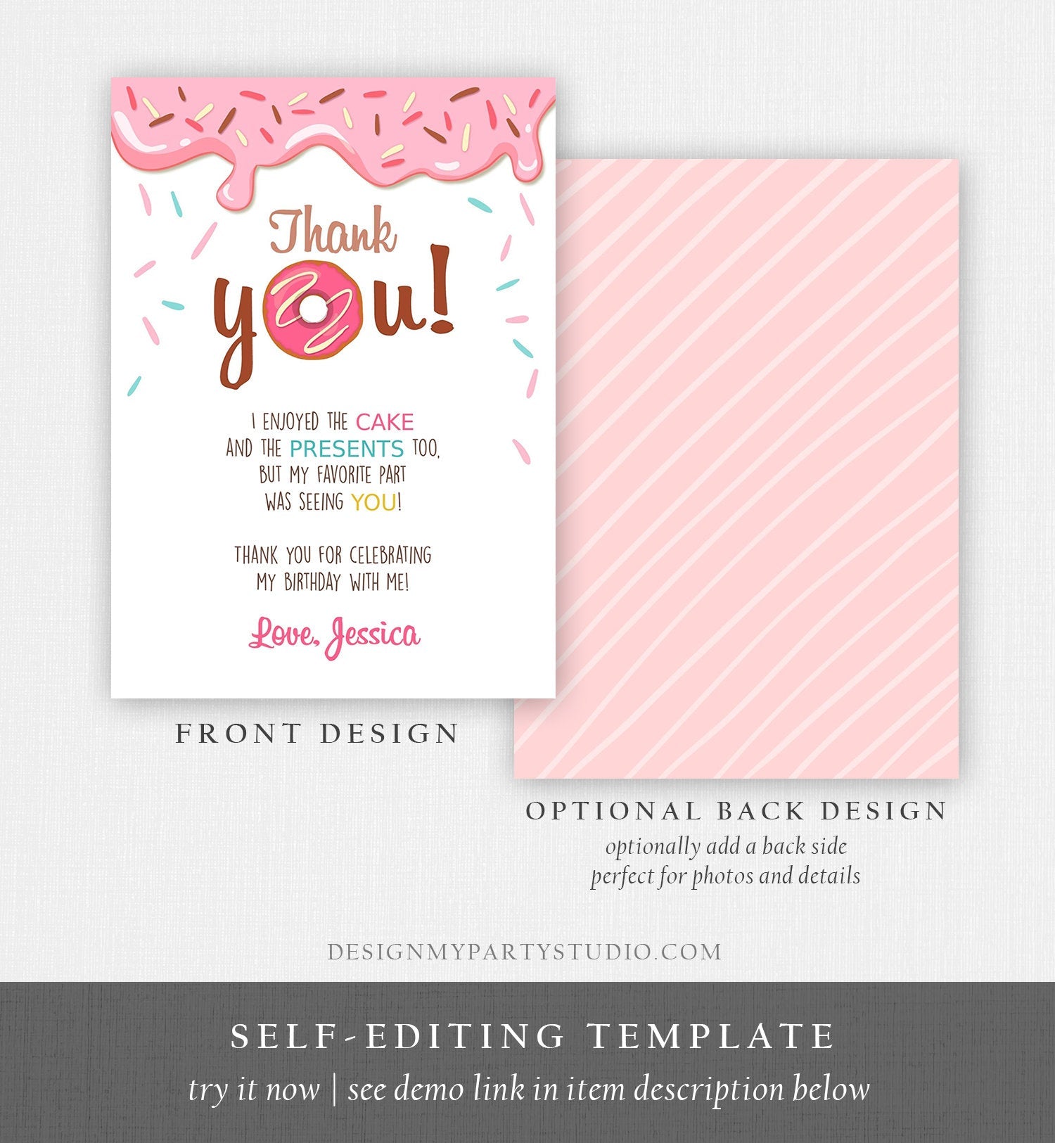 Editable Donut Thank You Card Note Pink Girl Birthday Party Doughnut Thank You Photo Sweet First Birthday 1st Corjl Template Printable 0050