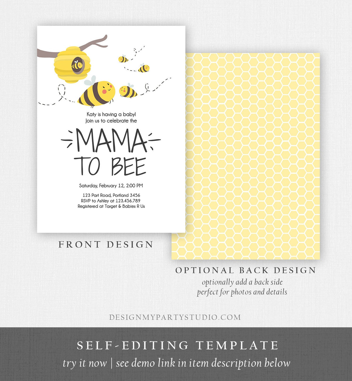 Editable Bee Baby Shower Invitation Mama to Bee Baby Shower Invite Honey Comb Hive Bees Download Printable Template Digital Corjl 0224