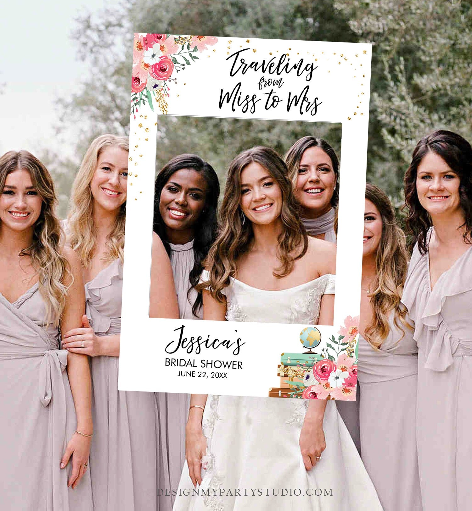 Editable Bridal Shower Photo Prop Floral Bridal Shower Sign Photo Booth Traveling From Miss to Mrs Wedding Corjl Template PRINTABLE 0030