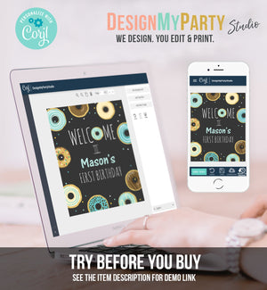 Editable Donut Welcome Sign Birthday Blue Boy Chalk Doughnut Baby Shower Table Sign Sprinkle Confetti Download Corjl Template Printable 0050