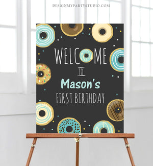 Editable Donut Welcome Sign Birthday Blue Boy Chalk Doughnut Baby Shower Table Sign Sprinkle Confetti Download Corjl Template Printable 0050