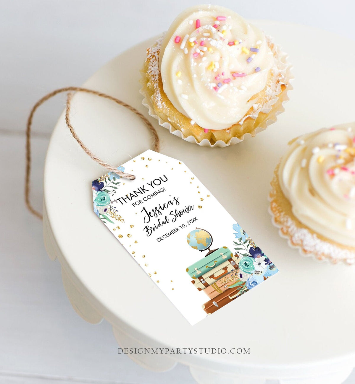 Editable Travel Thank You Favor Tags Blue Floral Suitcases Miss to Mrs Bridal Shower Baby Shower Adventure Corjl Template Printable 0030